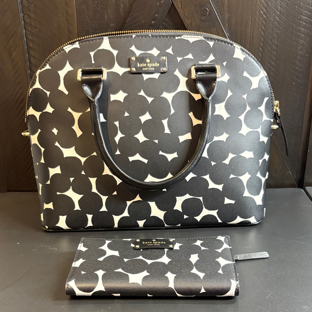 Kate Spade Black And White Patterned Satchel With Matching Wallet
